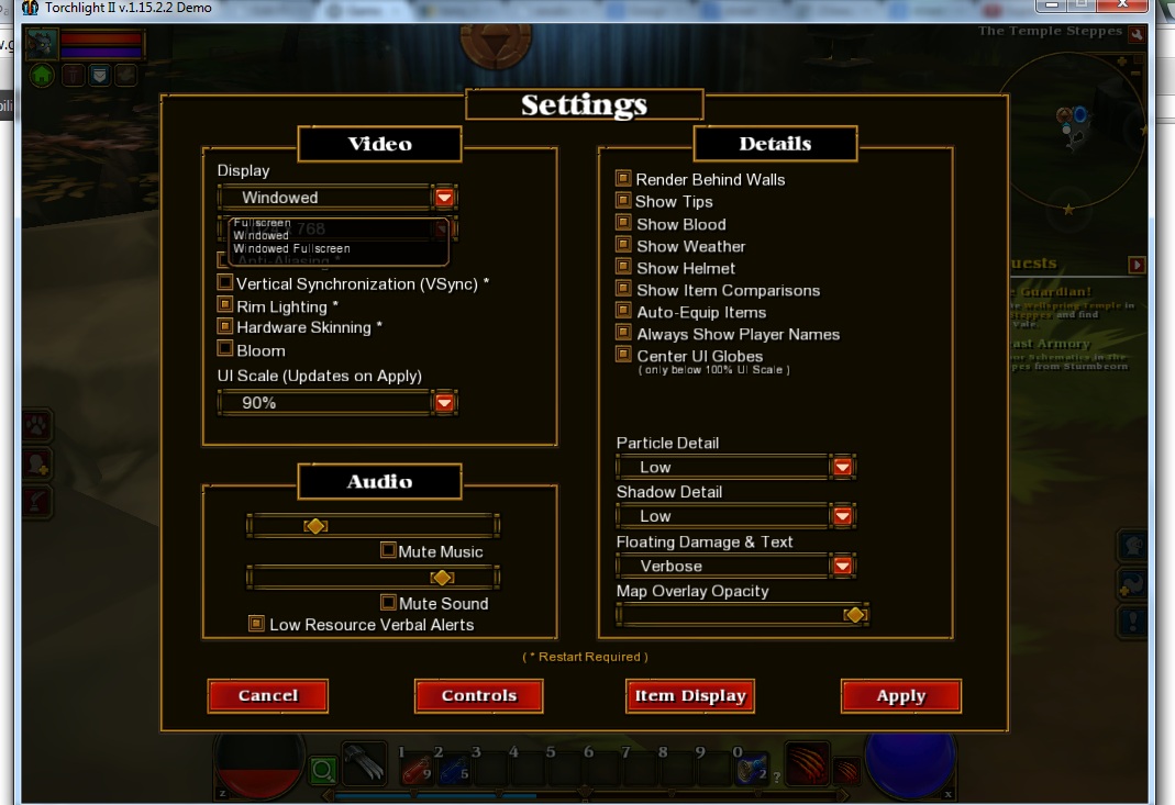 Torchilight menu screen, showing desktop behind game window