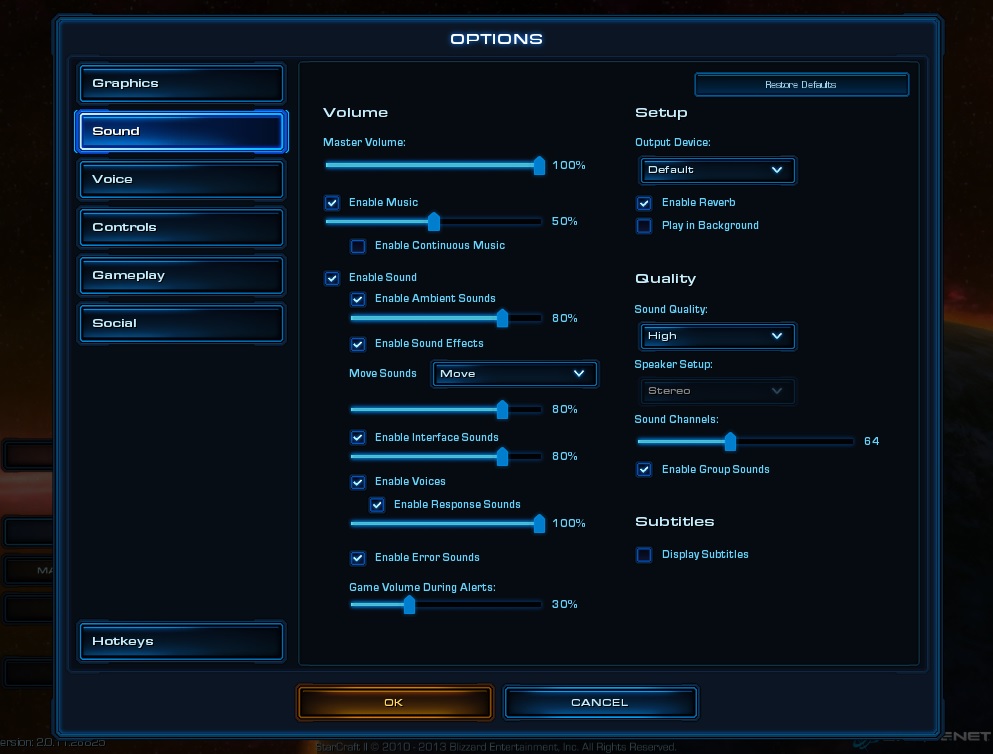 Starcraft II sound options screen