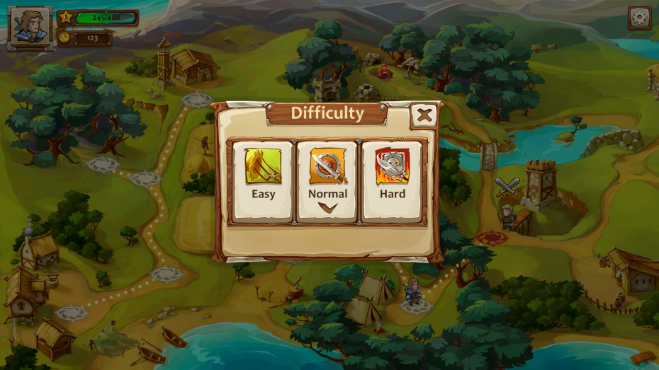Braveland difficulty menu, shown over map screen