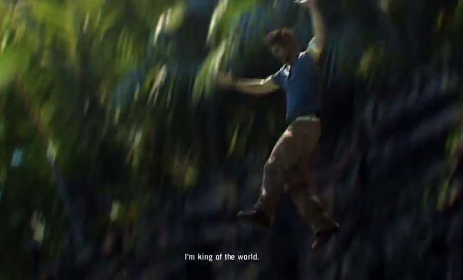 Far Cry 3 opening cinematic showing a man jumping off a cliff, with 'I'm king of the world' displayed as subtitles