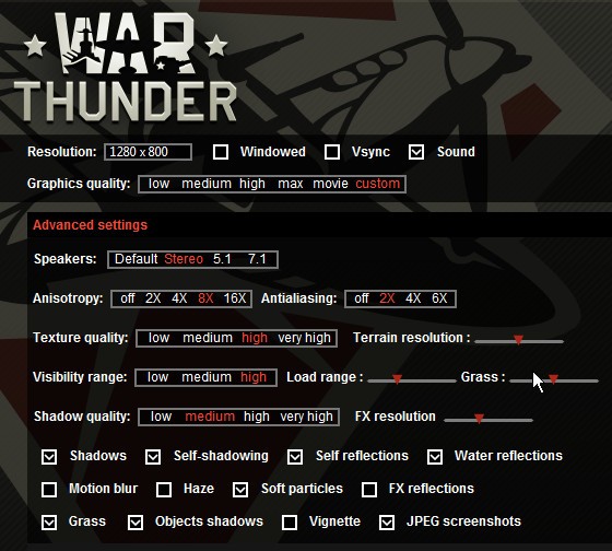 War Thunder settings screen