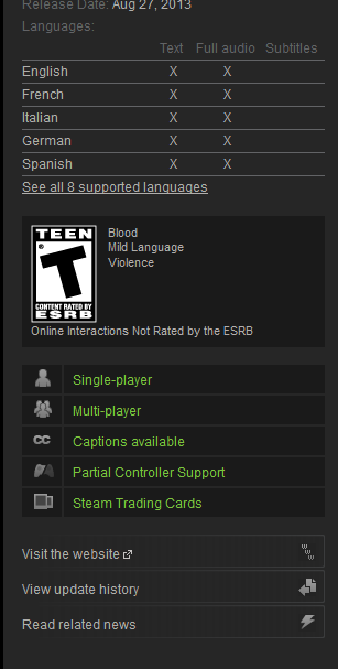 side panel of a steam game listing page