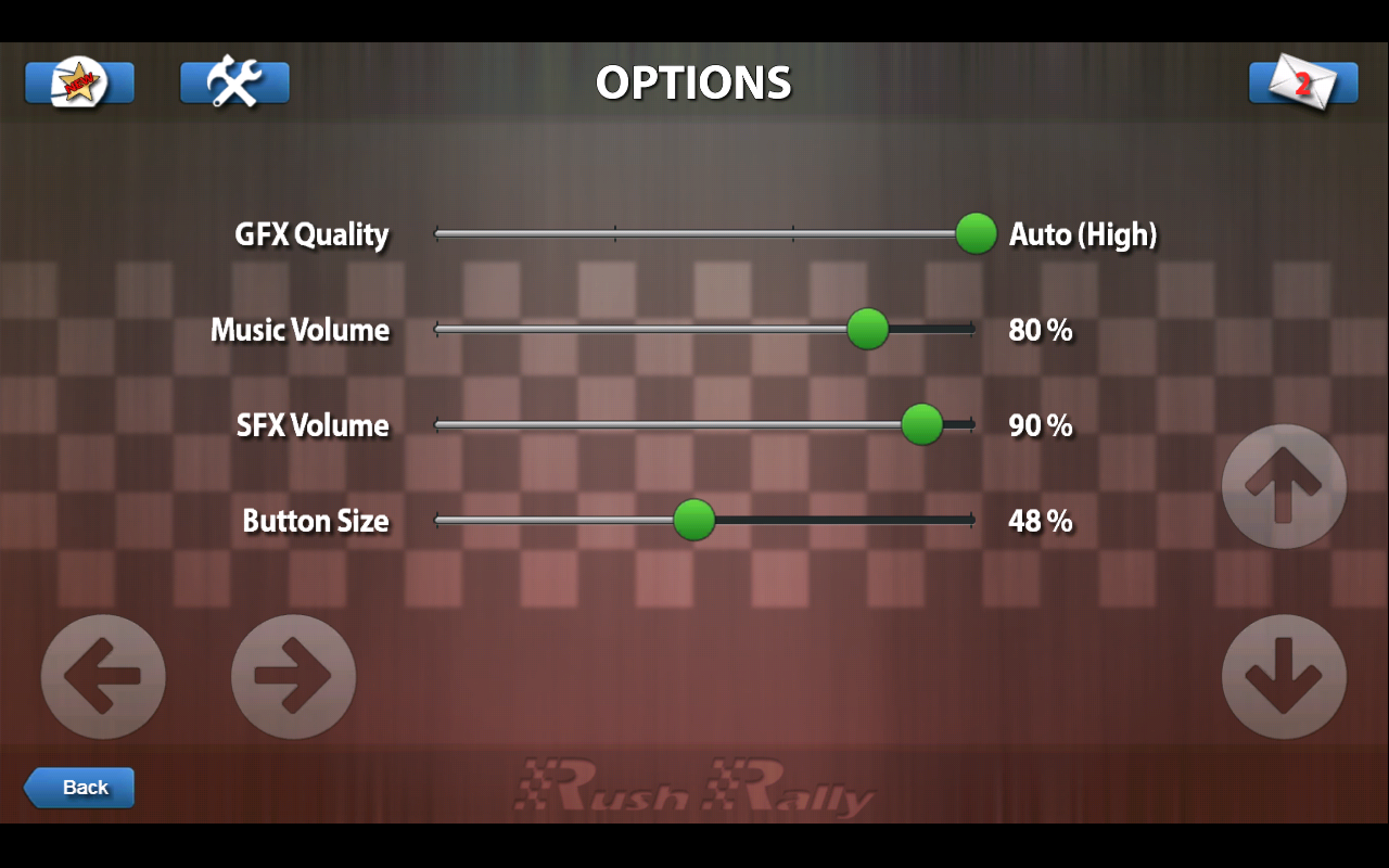 Rally Rush options screen with a slider for button size