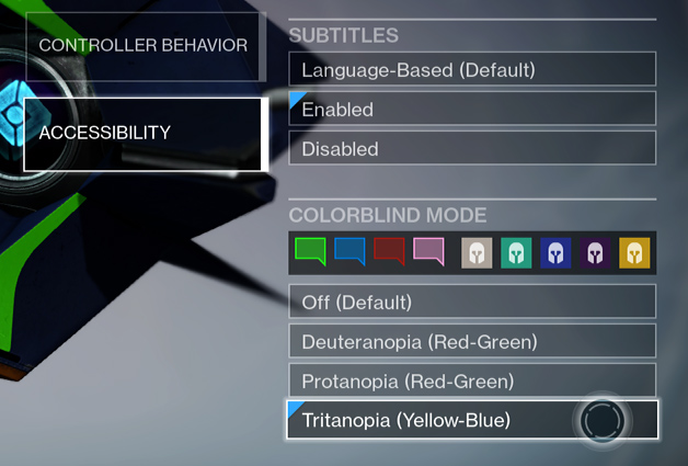 Destiny accessibility menu