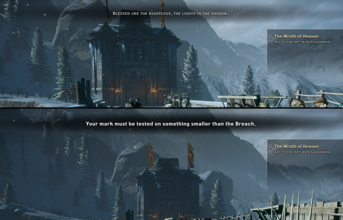 Dragon age inquisition gameplay showing small full caps subtitles and larger easier to read ones