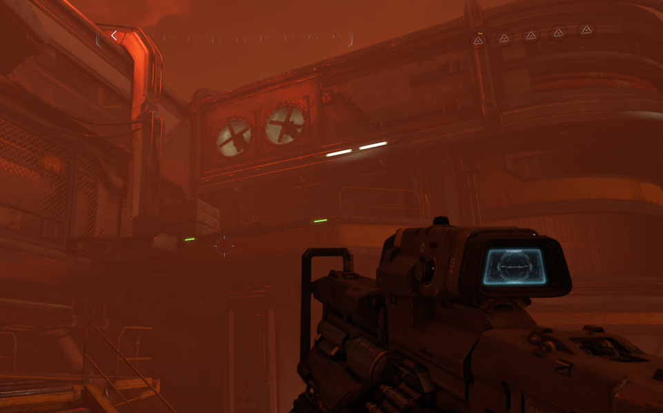 Doom gameplay with a platform edge lit up in green lights