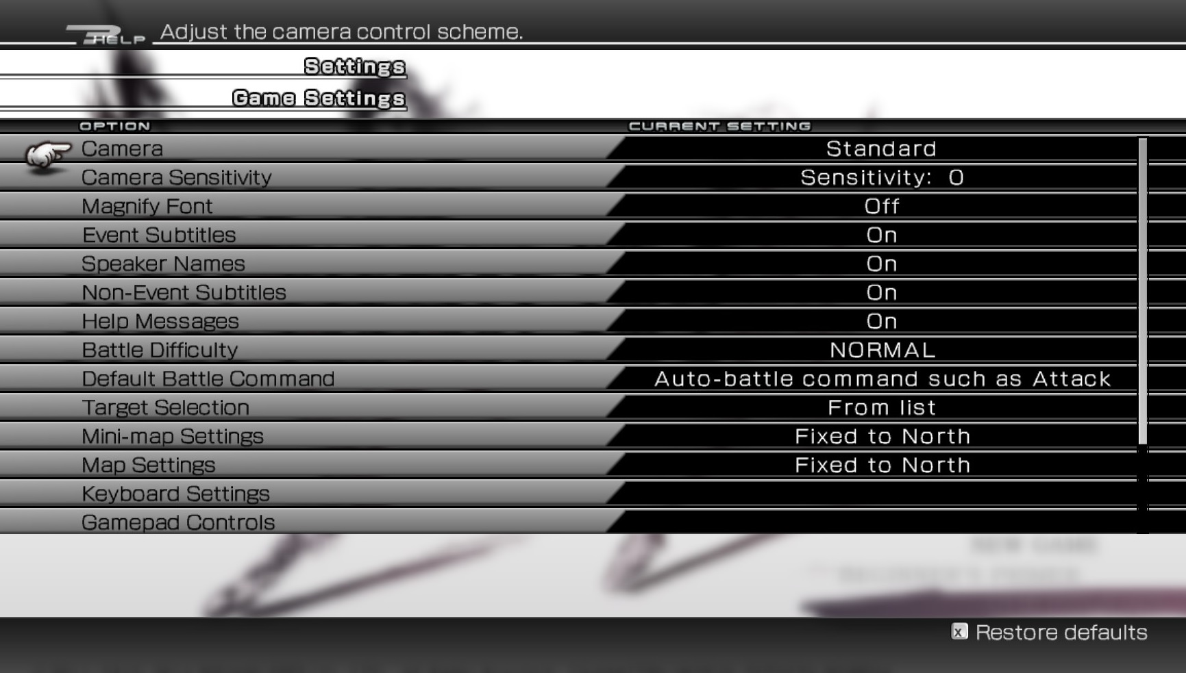 Final Fantasy XIII-2  settings screen