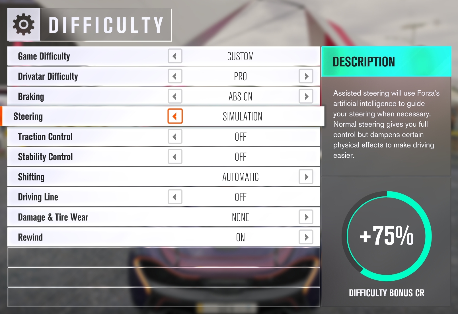 Forza Horizon 3 difficulty settings screen