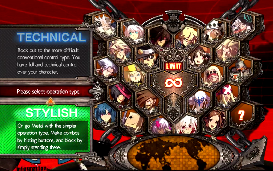 Character select screen showing control options