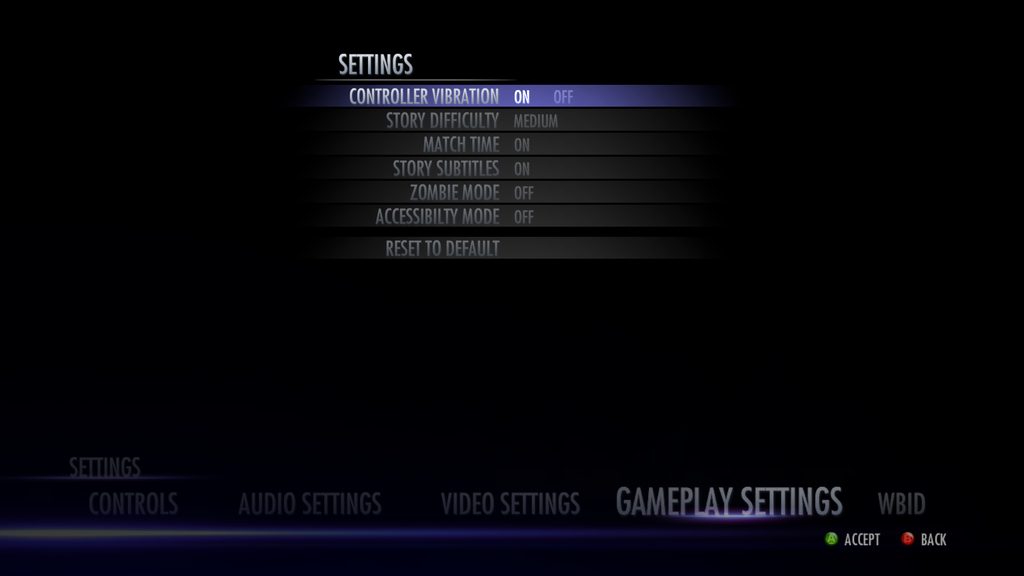 Injustice gameplay settings screen, with 'controller vibration' highlighted, and options to turn it on/off