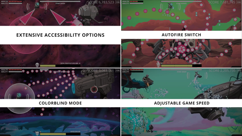 Four images of the trailer, showing accessibility settings, autofire switch, colourblind mode and game speed