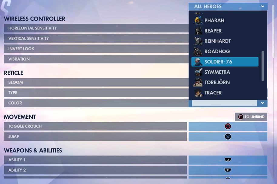 Overwatch remapping screen, with a menu to choose which character class to apply it to