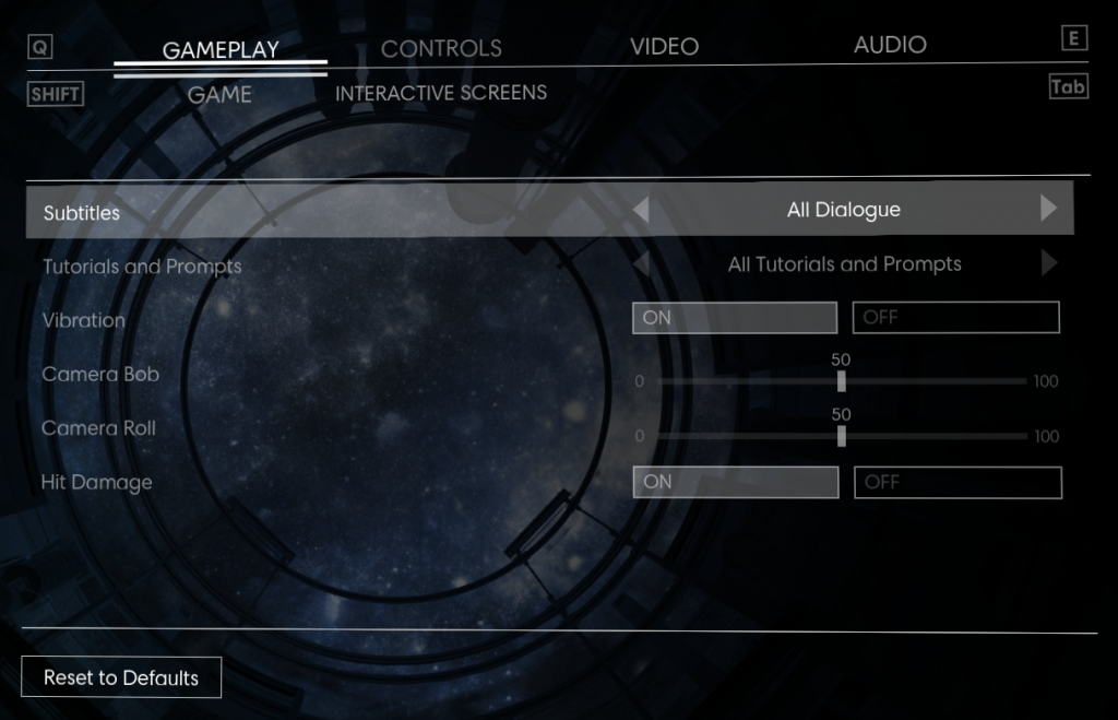 Prey gameplay settings screen