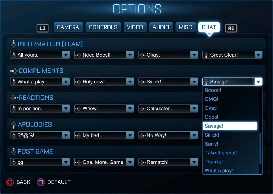 Rocket League custom quick chat menu