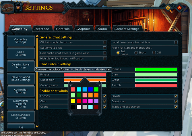 Runescape gameplay settings screen