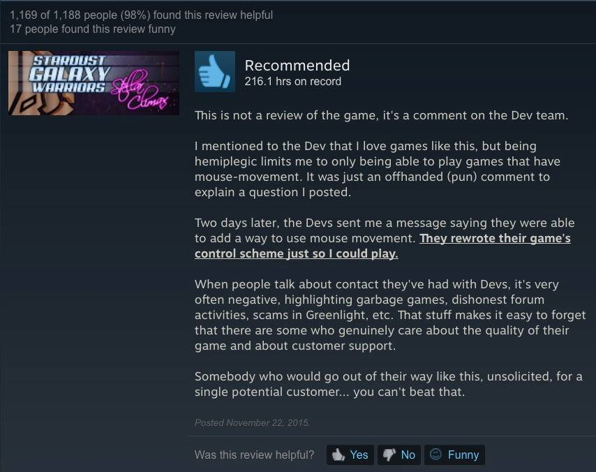 Steam review from gamer discussing addition of accessibility functionality