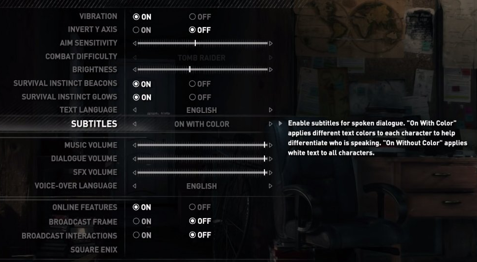Rise of the Tomb Raider settings menu