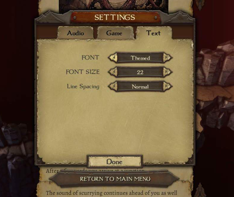 Warlock of Firetop Mountain text settings screen