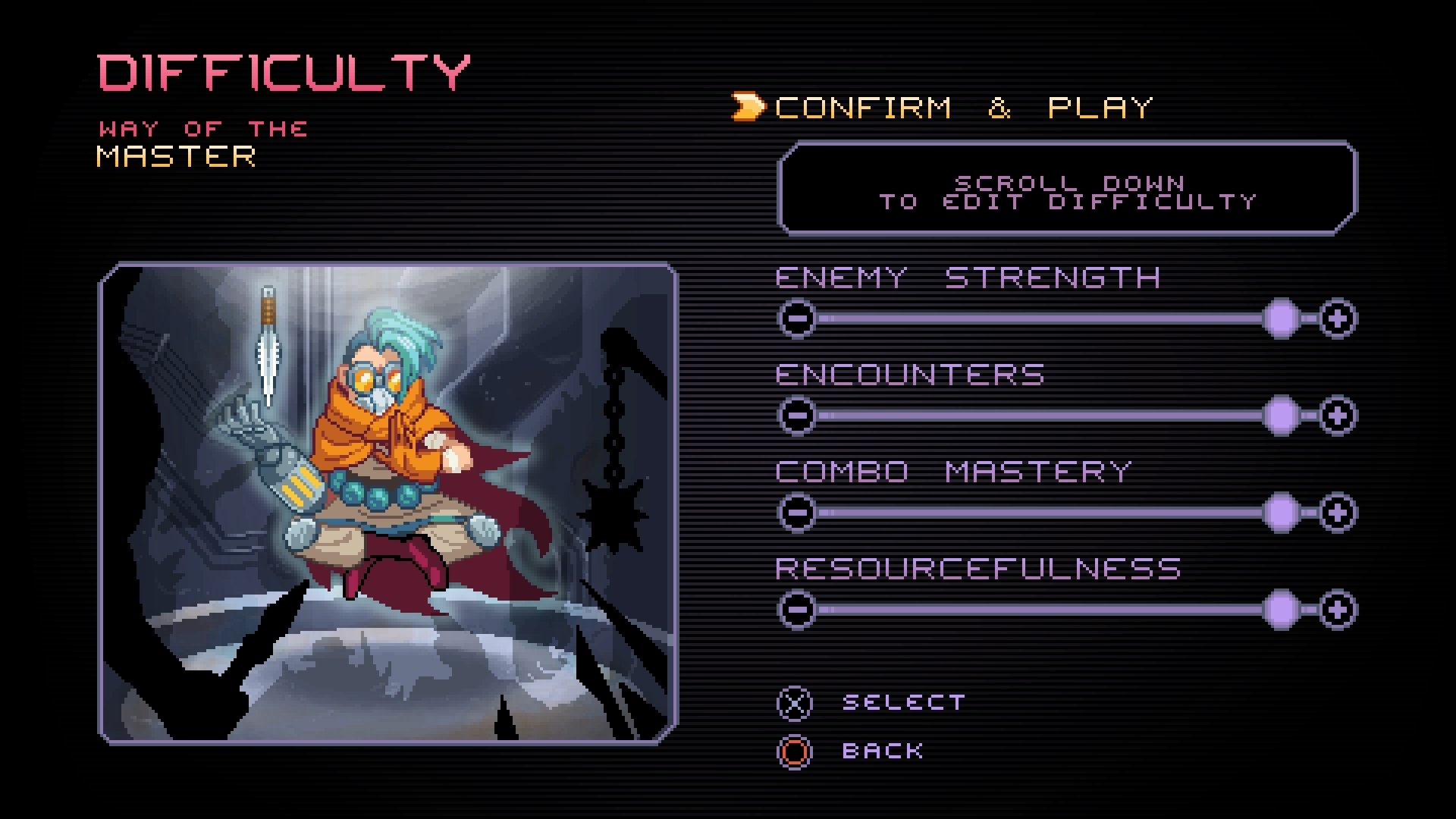 Way of the Passive Fist difficulty settings screen, with all sliders set to maximum