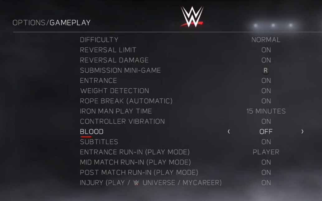 WWE 2K17 gameplay settings panel