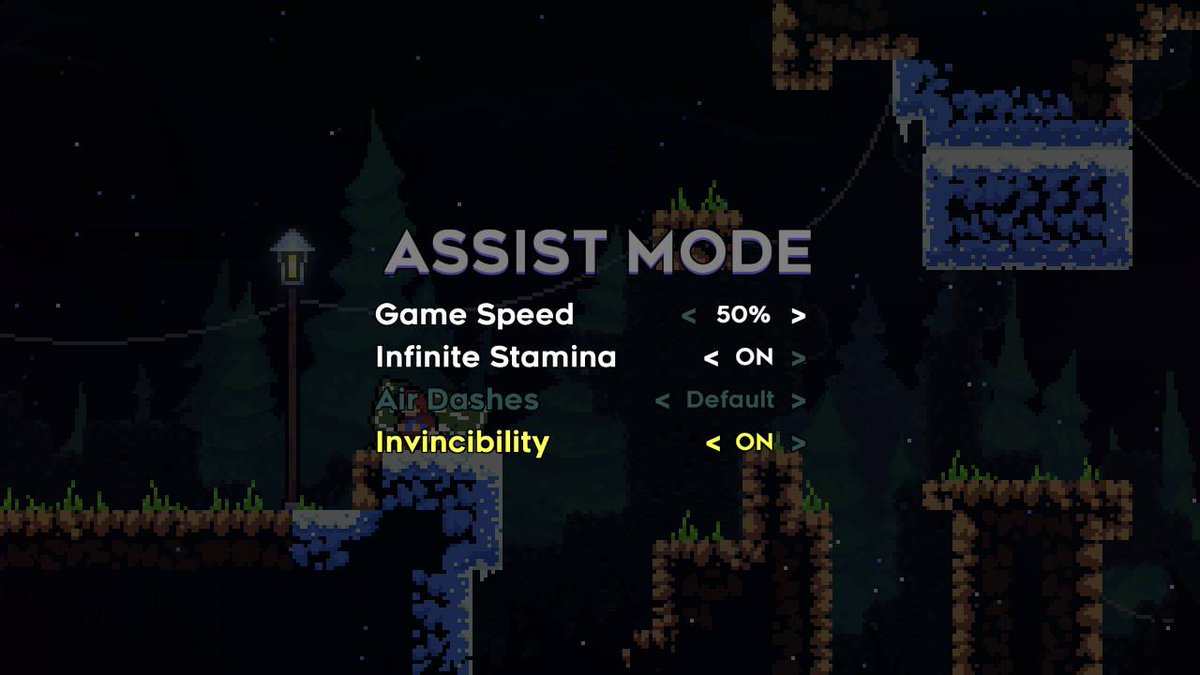 Assist mode screen, with options for game speed, infinite stamina, air dashes, and invincibility