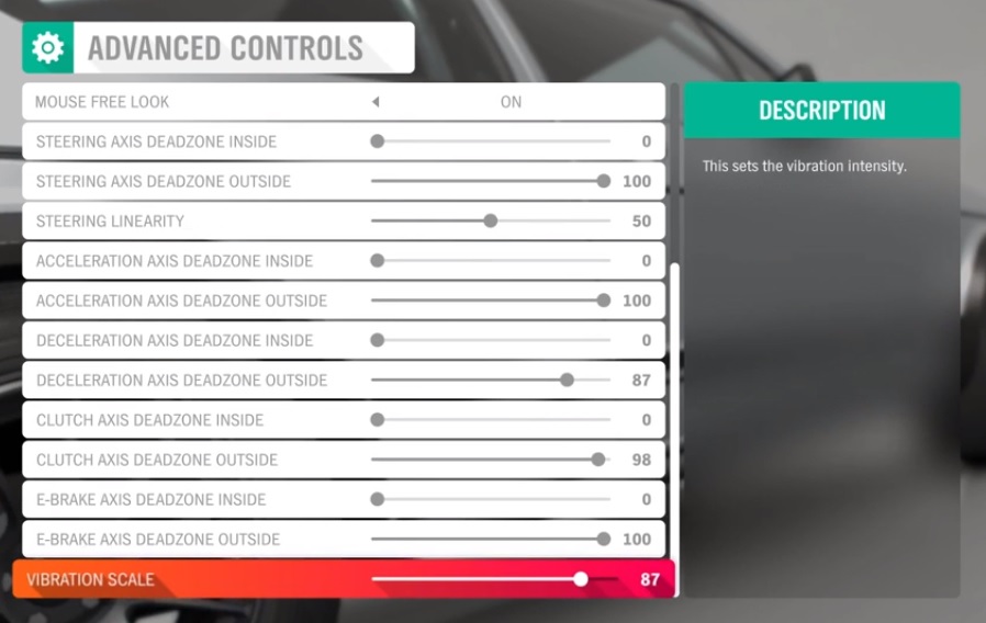 Advanced controls screen with 'vibration scale' highlighted, with a slider set to 87%