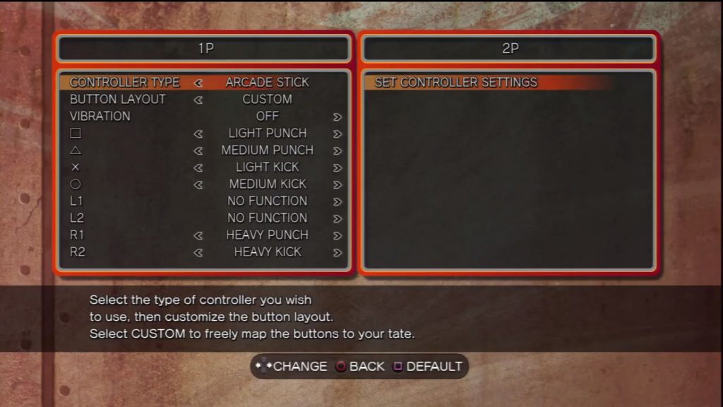 The controls settings in Street Fighter showing vibration and remapping settings