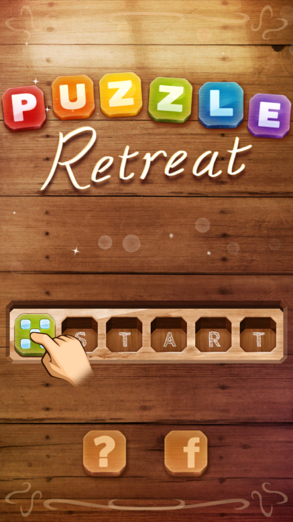 Puzzle Retreat title screen, with a row of holes with the letters S T A R T in them, and a visual indication that you need to drag a block over the holes