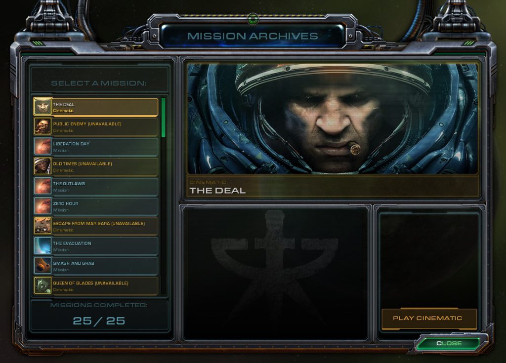 Starcraft 2 mission selection, allowing all cinematics to be replayed