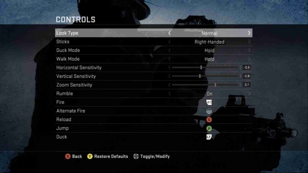 The controls settings screen of Counterstrike: Global offensive.