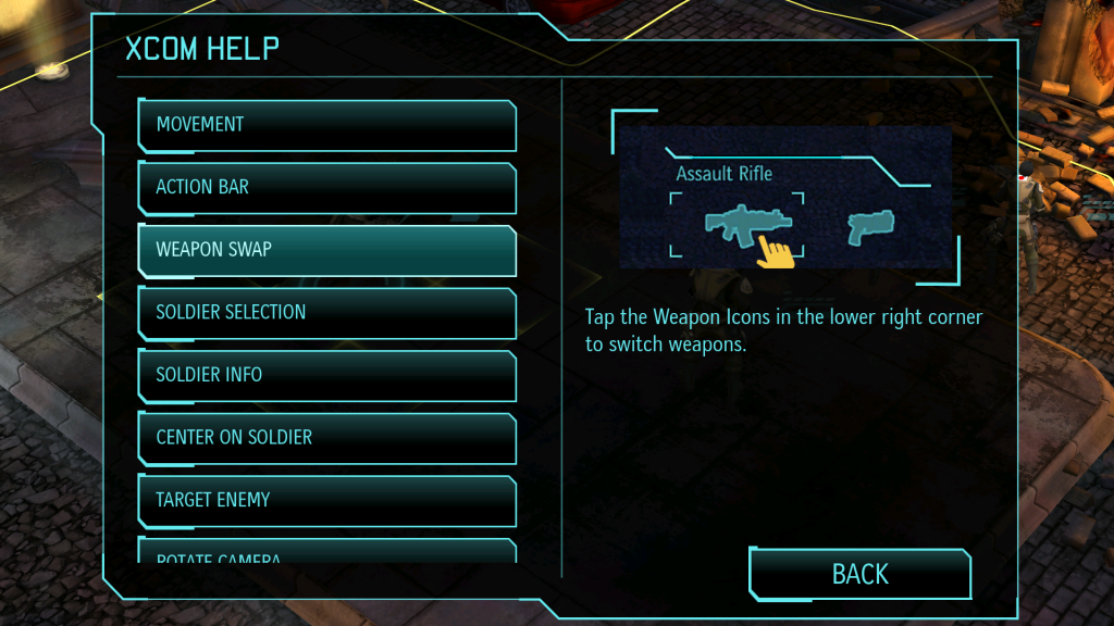 XCOM help screens showing how to swap weapons