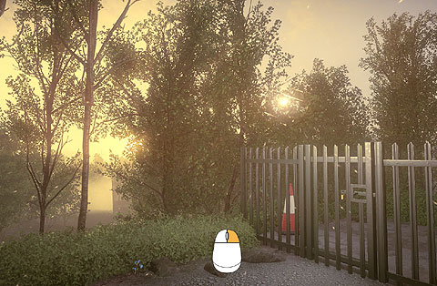 A scene showing a closed gate, a right mouse click prompt in the center