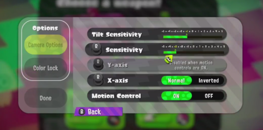 The camera options in Splatoon 2