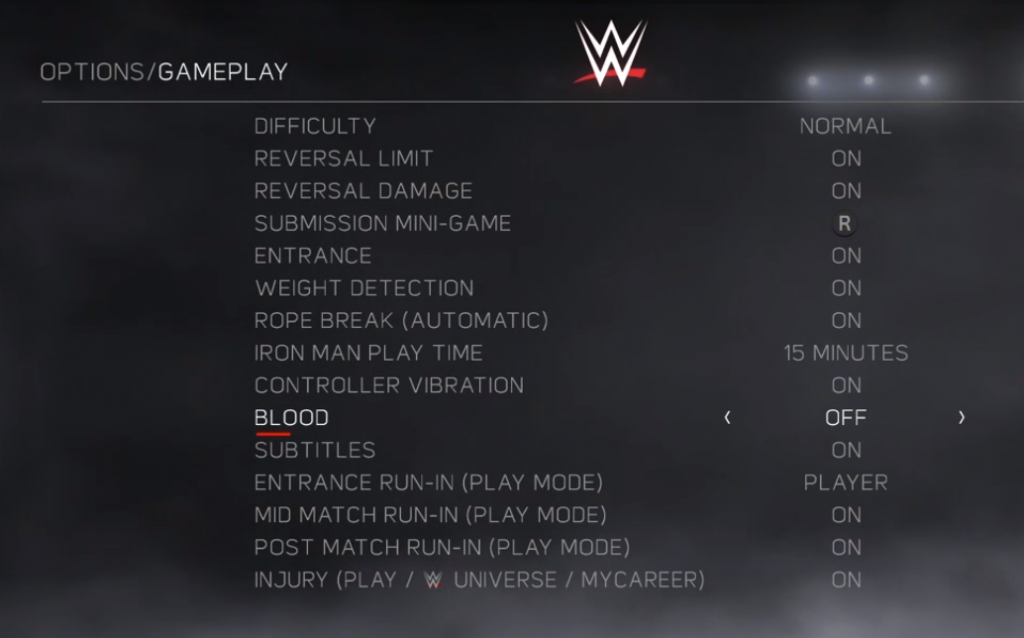 WWE 2K17 gameplay settings panel