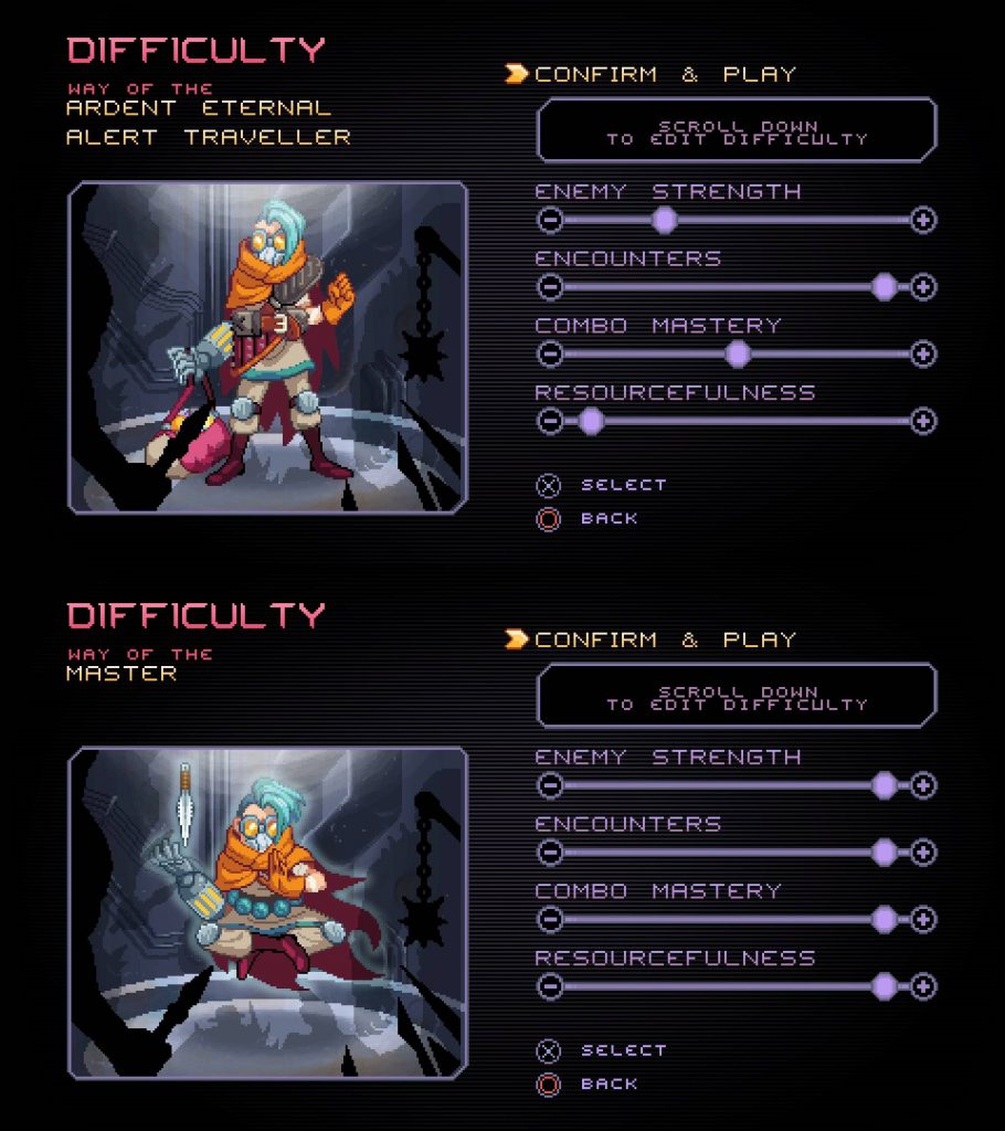 Way of the Passive Fist difficulty settings screen, once with sliders set to different levels and once with all sliders set to maximum